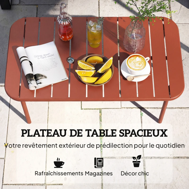 Outsunny Table Basse de Jardin en Acier Galvanisé, Plateau à Lattes, Table Rectangulaire aux Angles Arrondis, 90x50x43cm, Rouge