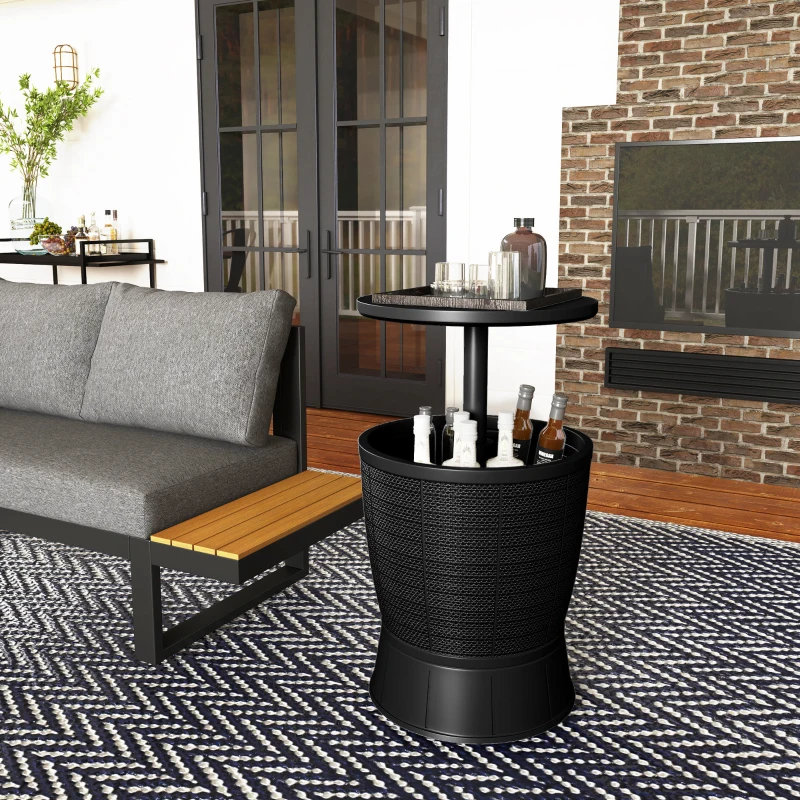 Outsunny Mesa Nevera para Exterior 41 L 3 en 1 Cool Bar Mesa Auxiliar con Altura Ajustable Cubo de Hielo Tapa Elevable Negro