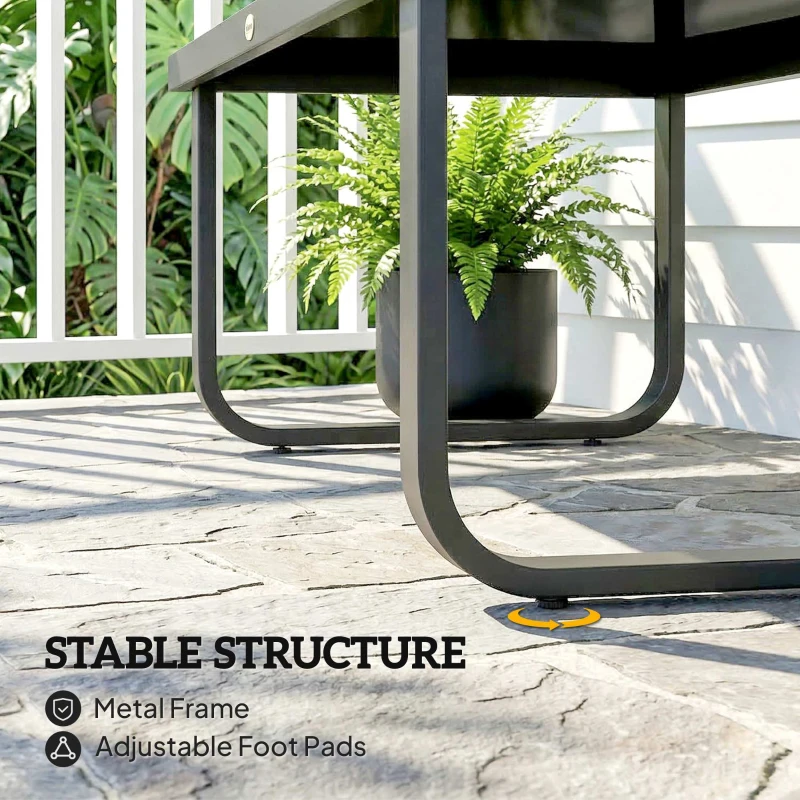 Outsunny Outdoor Garden Coffee Table, Rectangle Metal Side Table with Tempered Glass Tabletop, Adjustable Foot Pads