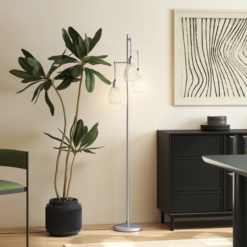 HOMCOM 3-Light Floor Lamp, 170cm Industrial Dimmable Standing Lamp with Steel Wire Cage Lampshades for Living Room, Bedroom, Dining Room, Study, Bulb Not Included, Silver Tone