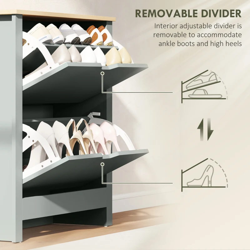 HOMCOM Slim Shoe Cabinet, Narrow Shoe Cupboard with 2 Flip Drawers, Adjustable Shelves for 12 Pairs of Shoes, Light Grey