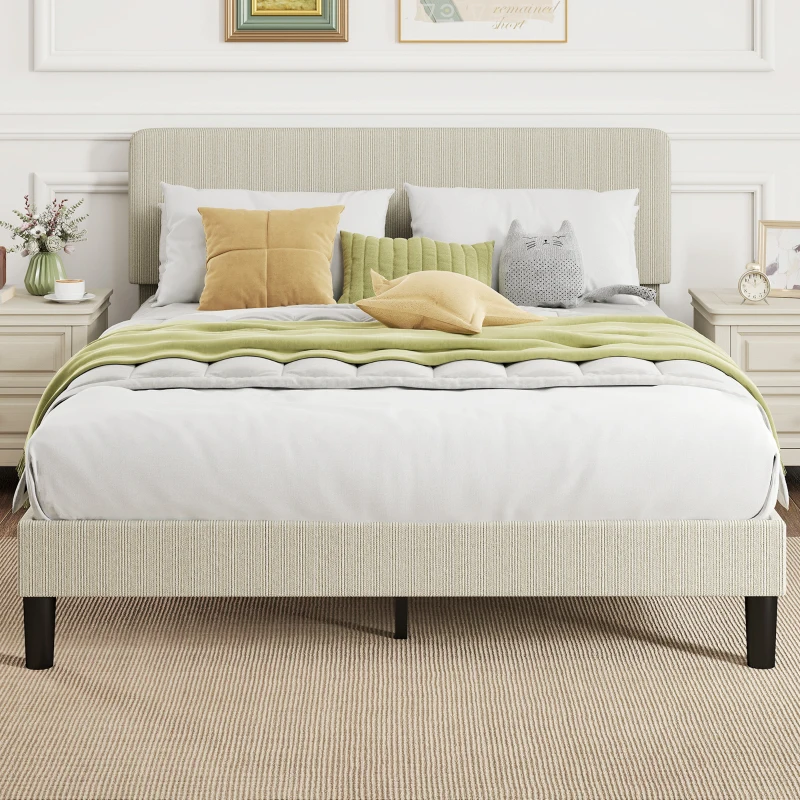 HOMCOM Cama 160x200 cm com Cabeceira Ajustável Estofada em Bombazina Ripas de Madeira Montagem Fácil Cinza Claro