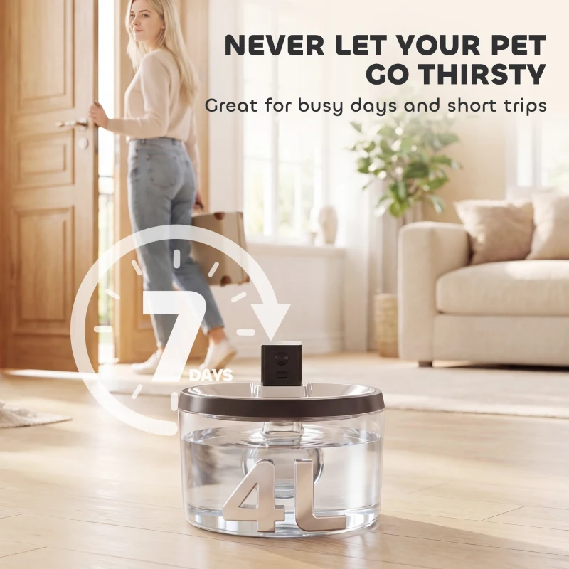 PawHut Wireless Cat Water Fountain for Drinking Stainless Steel, 4L/135oz Battery Operated Cat Fountain Cordless, 6 Filters