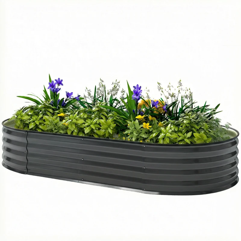 Outsunny Galvanised Raised Garden Bed, Metal Planter Box with Safety Edging, for Flowers, Herbs, Succulents, Dark Grey