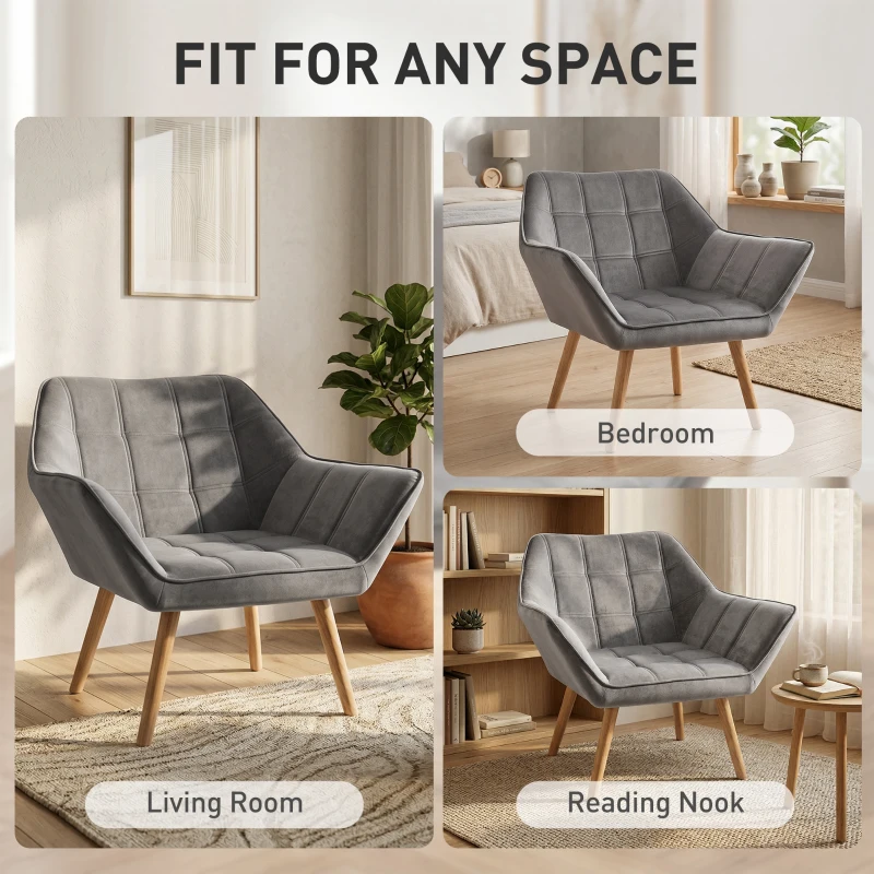 HOMCOM Poltroncina Stile Nordico in Legno ed Effetto Velluto Grigio per Soggiorno o Ufficio, 67x61.5x71 cm