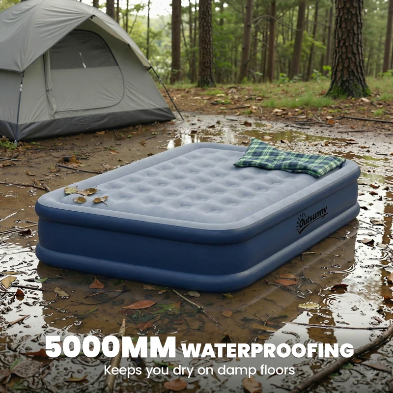 Outsunny Inflatable Mattress, Double Air Bed with Built-in Electric Pump, 3 Mins Inflation, Flocked Surface, Grey