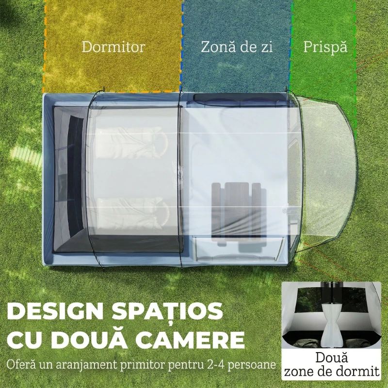 Outsunny Cort de Camping Tunel pentru 2-4 Persoane, Înălțime 213cm, cu 2 Camere, Cort Familial Impermeabil 3000mm cu Verandă, Ferestre, Buzunare, Cârlig și Geantă de Transport, Bleumarin