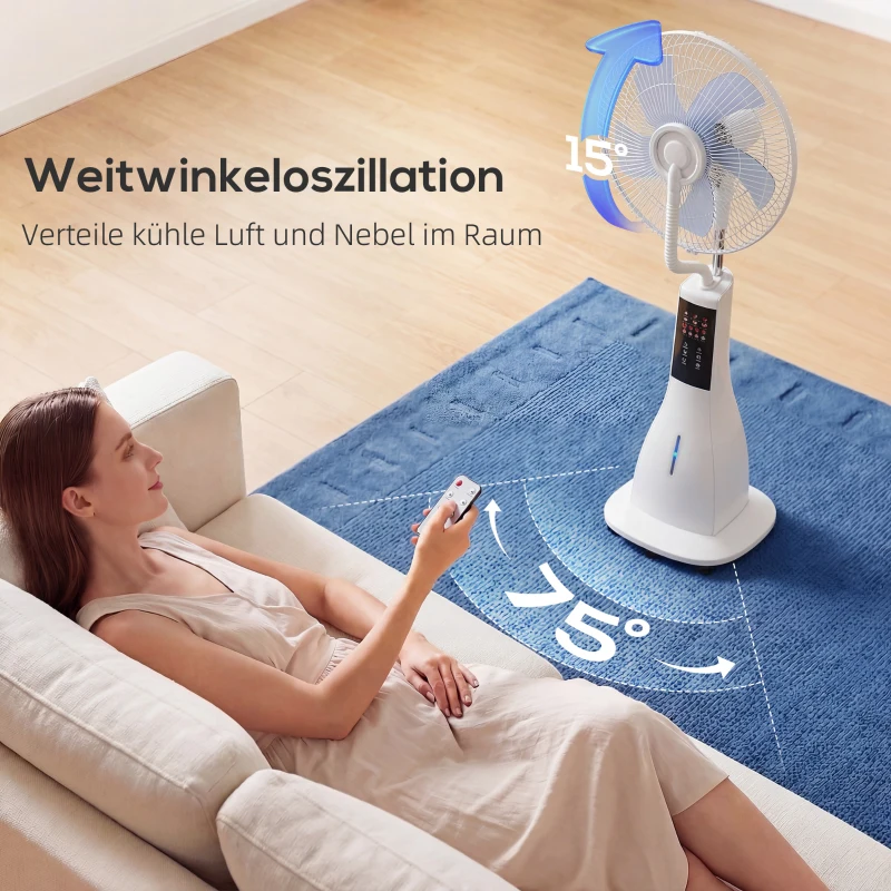 HOMCOM Stehventilator mit Wassernebel, 75° Oszillation, 3 Geschwindigkeiten, 3 Modi, Weiß