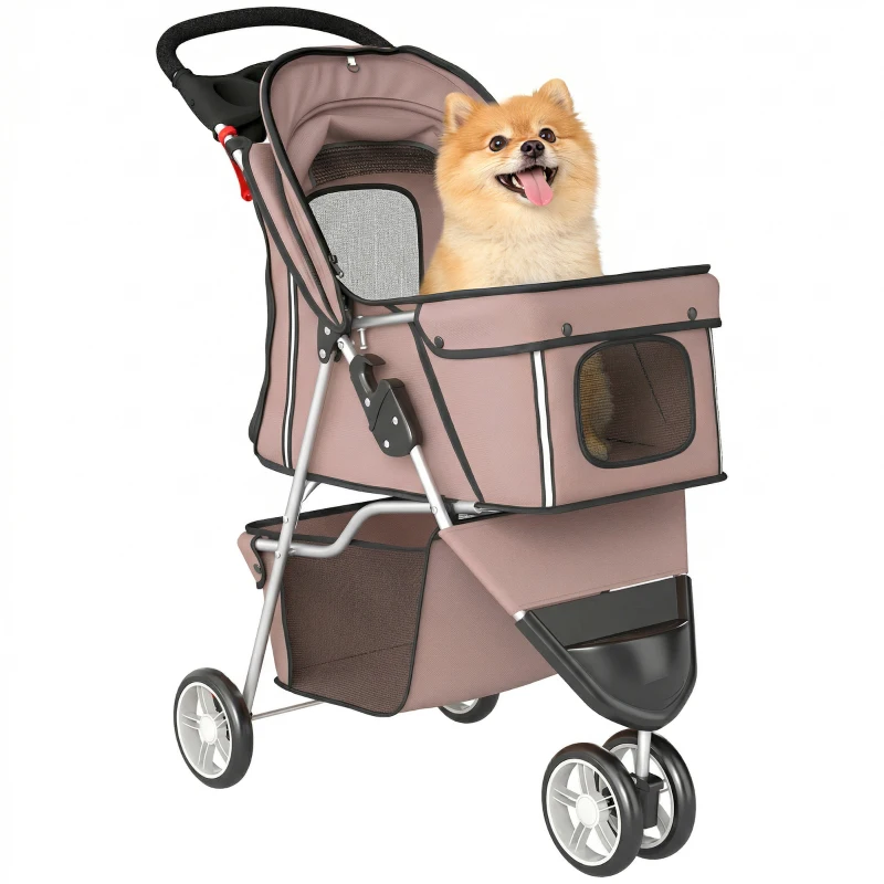 PawHut Poussette pour Chien 4 Roues, Chariot Pliable avec Auvent Réglable, Panier de Rangement, 77x44x102cm, Café
