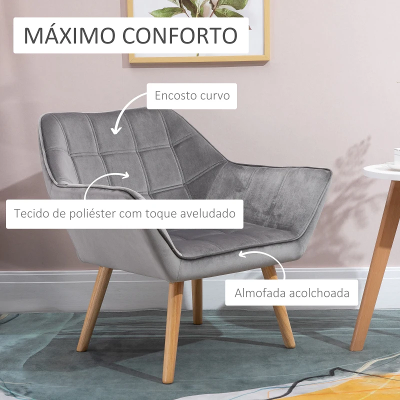 HOMCOM Poltrona de Sala Moderna Estofada em Veludo com Pés de Madeira, Poltrona Relax para Sala de Estar, Cinzento