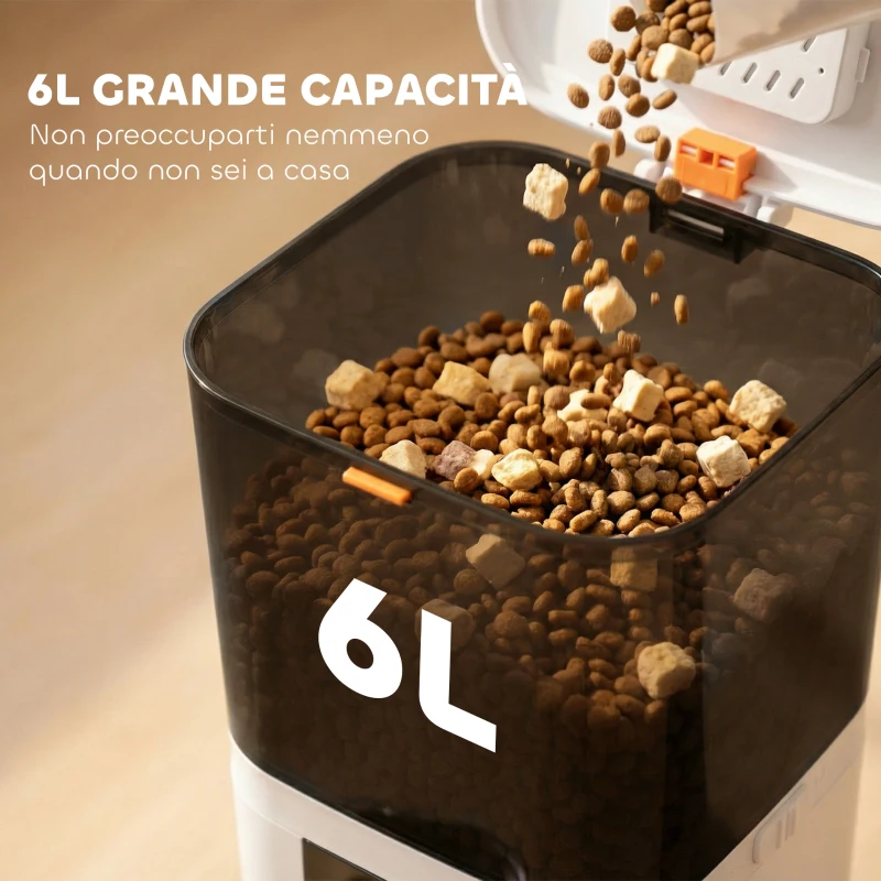 PawHut Distributore Automatico Cibo Gatti 6L WiFi 2.4G, App Controllo con Timer, 1-10 Pasti al Giorno, Registratore 10s, 2 Ciotole in Acciaio Inox
