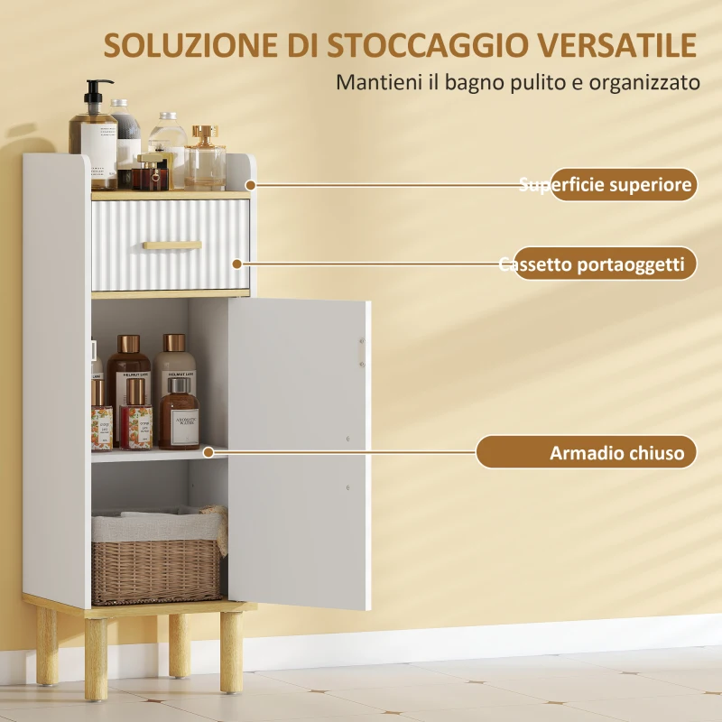 HOMCOM Mobile da Bagno Stretto con Mensola Regolabile, 32.5x29.5x91 cm, Bianco