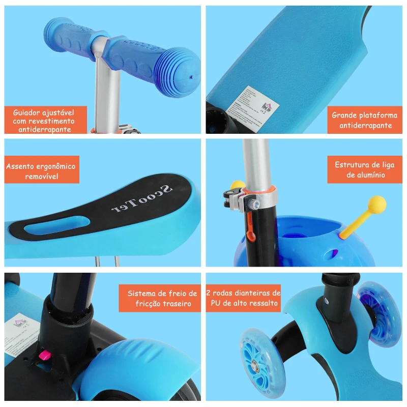 HOMCOM Trotinete 5 em 1 para Crianças com 3 Rodas Assento Removível e Guiador Ajustável Carga Máxima 50 kg 62x25x72,5 cm Azul