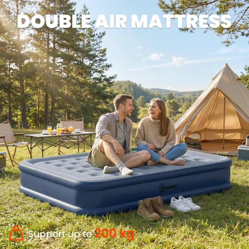 Outsunny Inflatable Mattress, Double Air Bed with Built-in Electric Pump, 3 Mins Inflation, Flocked Surface, Grey