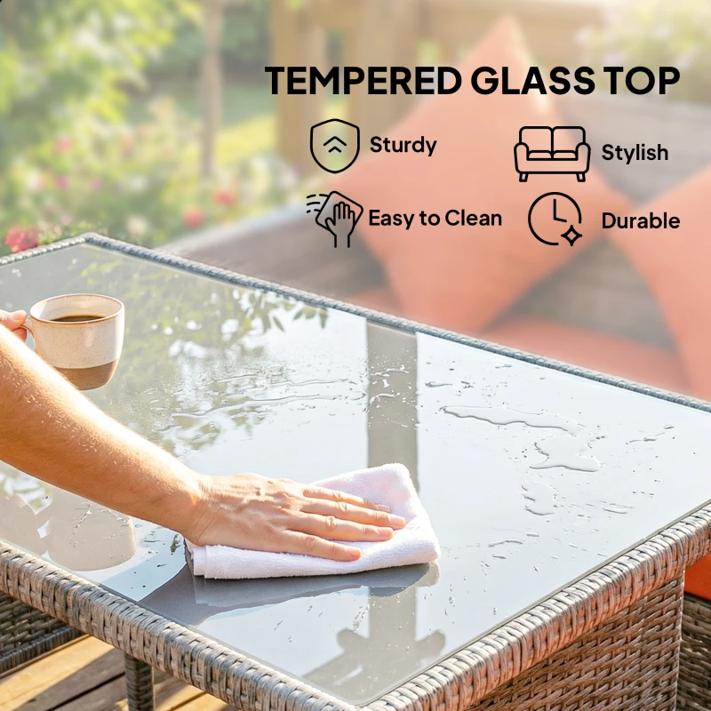 Outsunny 6-Seater Rattan Dining Set Sofa Table Footstool Outdoor w/ Cushion Garden Furniture, Orange