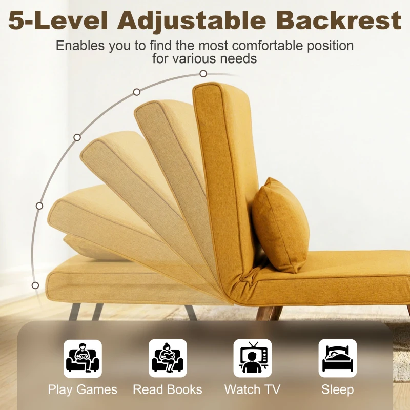 HOMCOM Sofá Cama Individual Plegable con Respaldo Ajustable 5 Posiciones Sillón Cama Tapizado con Cojín 72x75x85 cm Amarillo