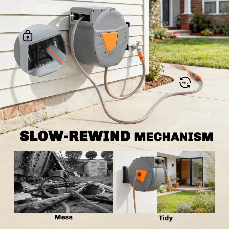 Outsunny Retractable Hose Reel Wall Mounted, 40+2m Garden Hose Pipe Reel with Auto Retraction, Self-Locking, Orange