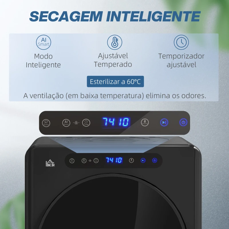 HOMCOM Máquina de Secar Roupa 3 KG 1000W Função Anti-Rugas Esterilizar Temporizador Ecrã LED Tátil Preto