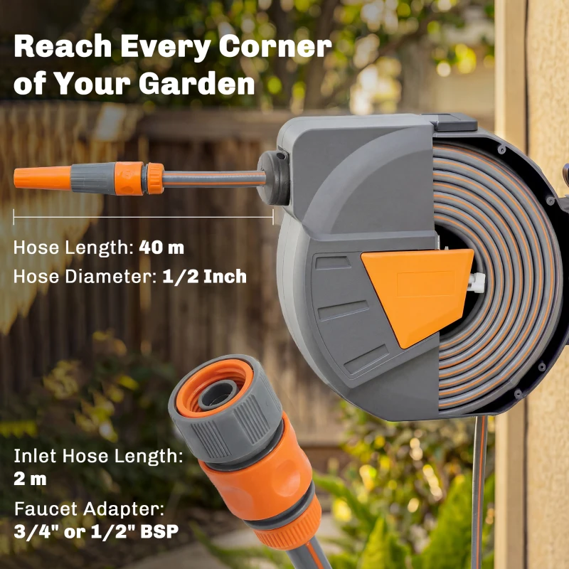 Outsunny Retractable Hose Reel Wall Mounted, 40+2m Garden Hose Pipe Reel with Auto Retraction, Self-Locking, Orange