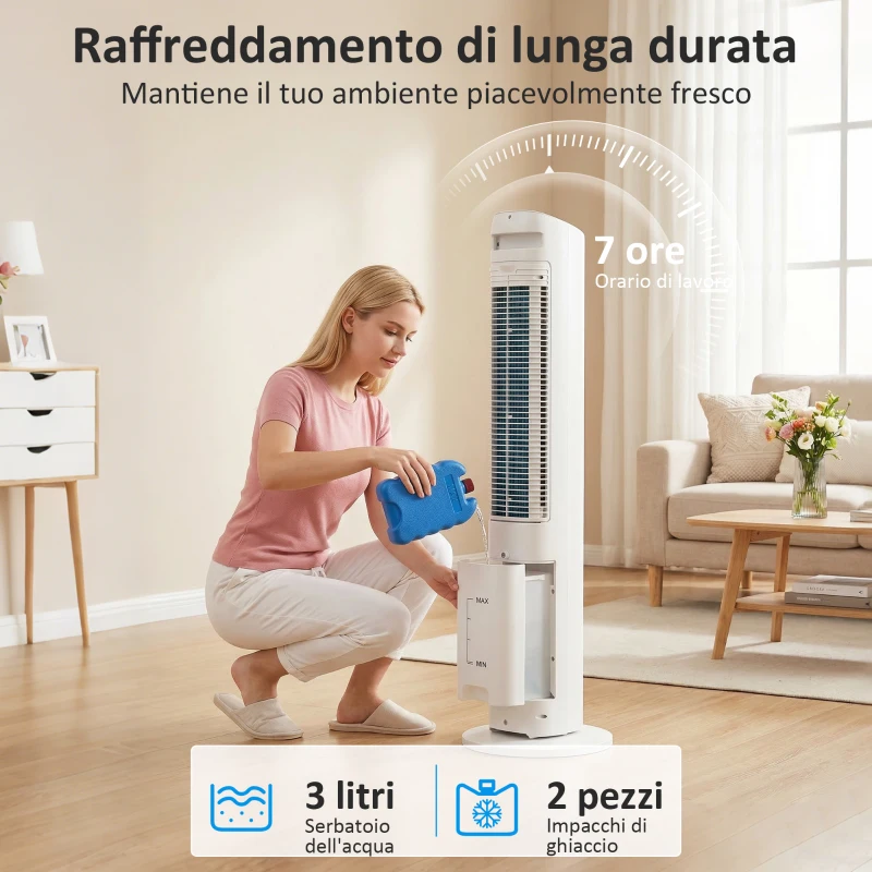 HOMCOM Raffrescatore d'Aria 3-in-1, Torre, Serbatoio 3 Litri, Portatile, Bianco.