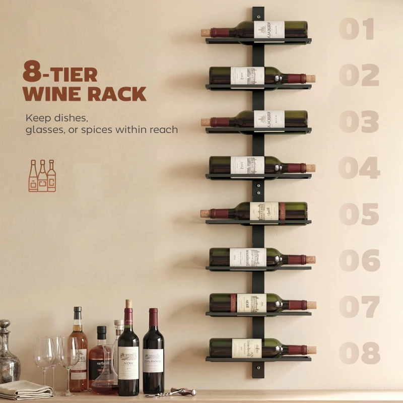HOMCOM Wall Mounted Wine Rack, 8 Tier Metal Wine Display Rack, Storage Holder for Kitchen, Black