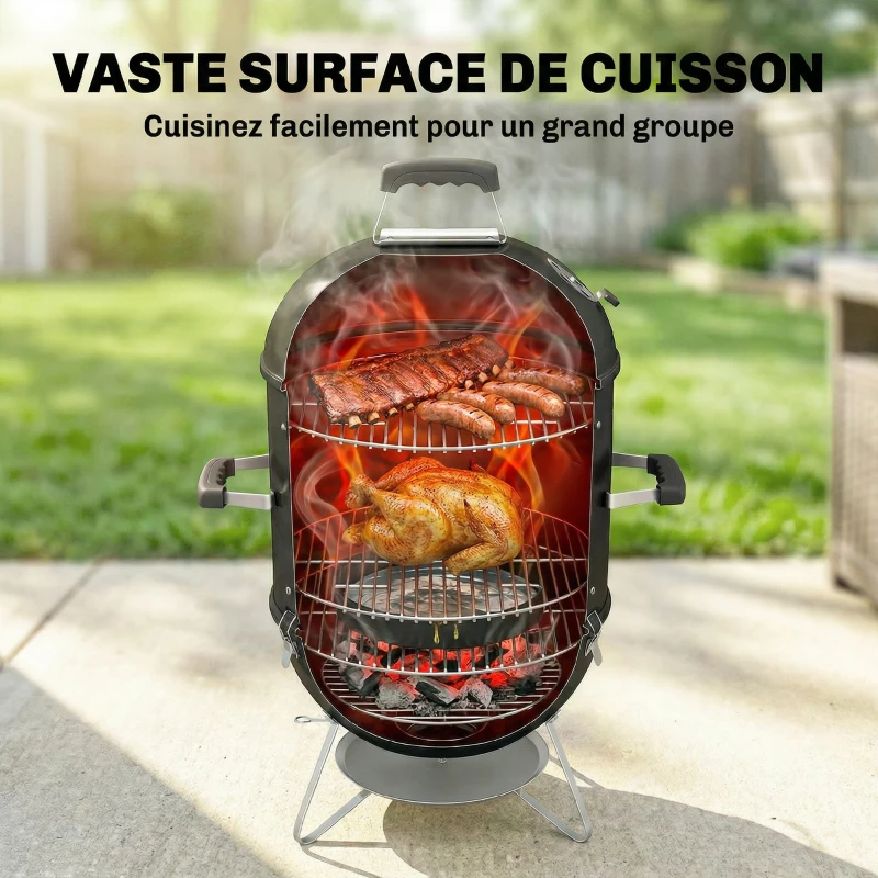 Outsunny Fumoir 3 en 1 avec 3 Grilles de Cuisson, Thermomètre Intégré, Ventilation Réglable, 62,5x47,5x91cm, Noir