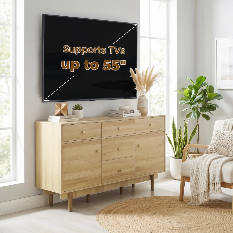 HOMCOM Sideboard with 5 Drawers and 2 Cabinets Buffet Cabinet with Solid Wood Legs 136 cm Walnut