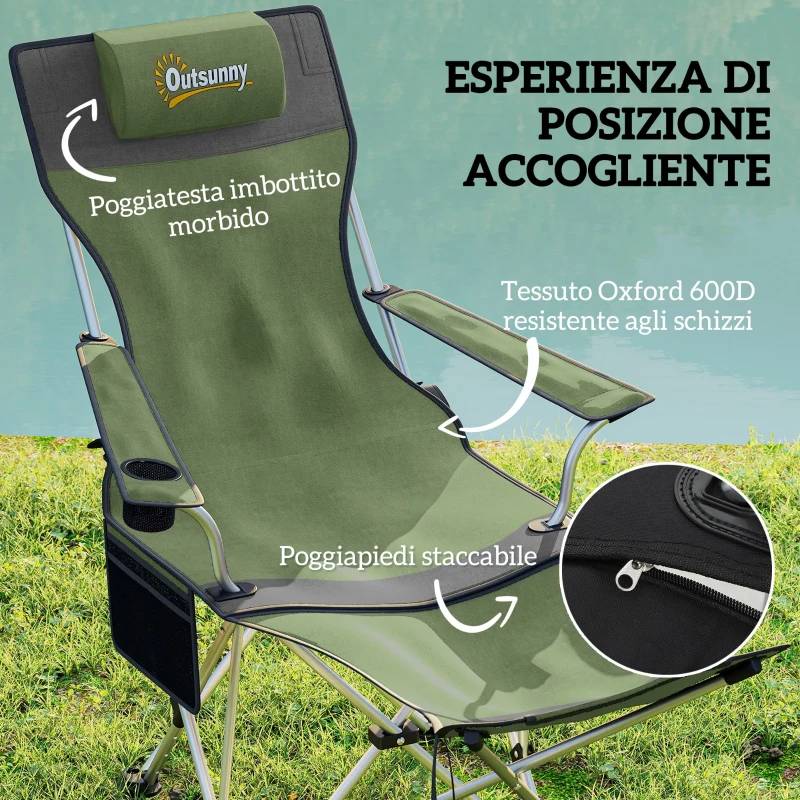 Outsunny Set 2 Sedie da Campeggio Pieghevoli con Poggiapiedi e Portabicchieri, 82x50/100x88 cm, Verde