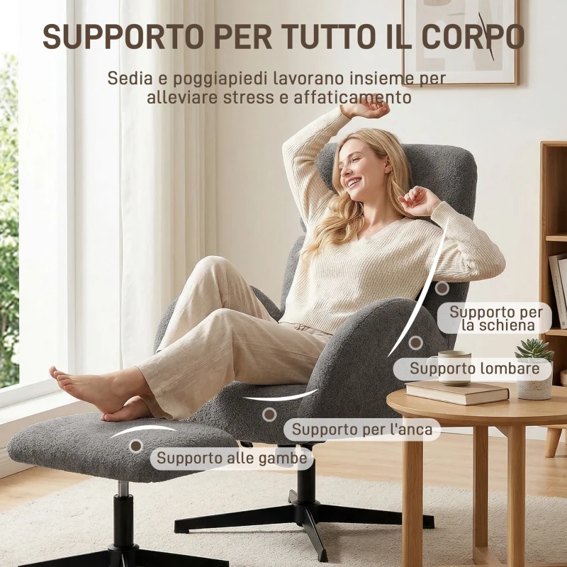 HOMCOM Poltrona Girevole con Poggiapiedi, Regolabile in Altezza con Poggiatesta Regolabile, Funzione Dondolo, Grigio
