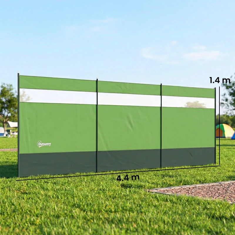 Outsunny Camping Windbreaker with Clear Windows and Steel Poles, for Beach Caravan Campervan, 440 x 140cm, Army Green