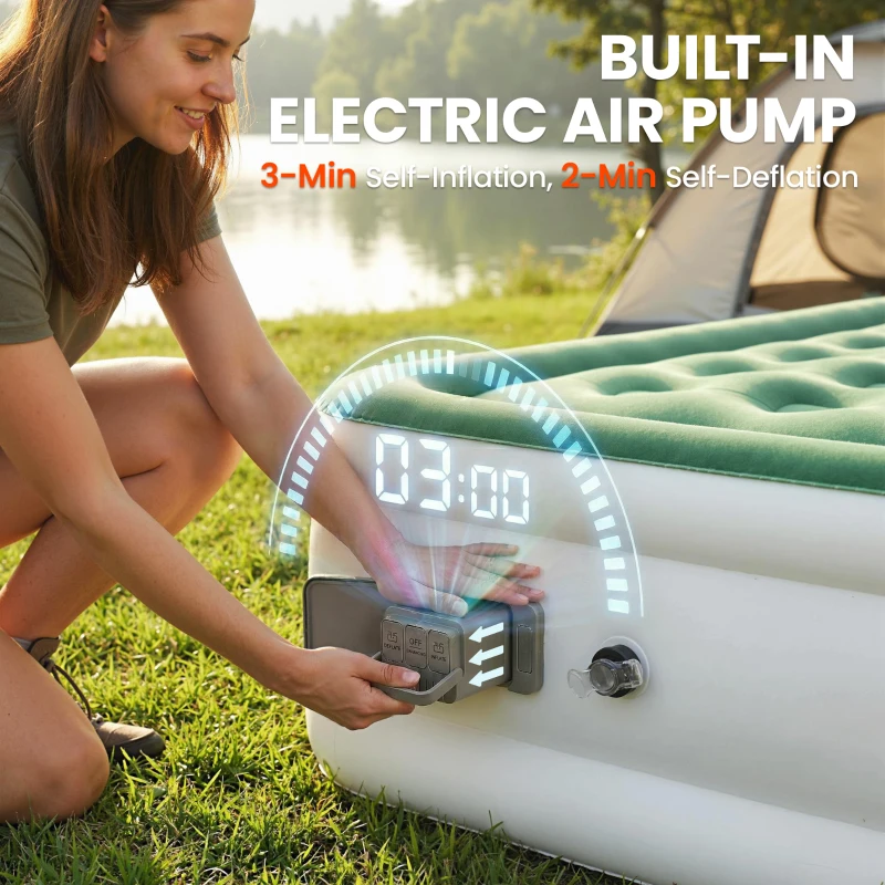 Outsunny Inflatable Mattress, Single Air Bed with Built-in Electric Pump, 3 Mins Inflation, Flocked Surface, Dark Green