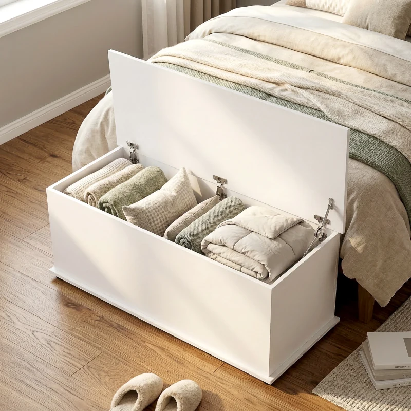 HOMCOM Truhe Aufbewahrungsbox Sitztruhe mit Stauraum Sicherheitsscharniere Holzkiste mit klappbarem Deckel für Wohnzimmer, Schlafzimmer, Spanplatte Weiß 100 x 40 x 40cm