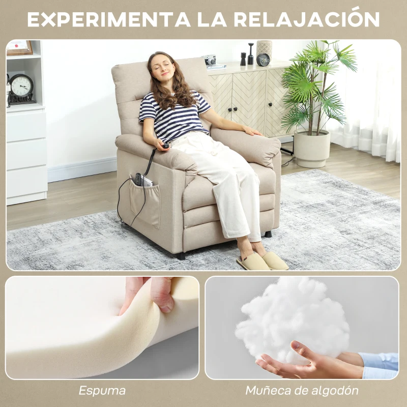 HOMCOM Sillón Relax Reclinable Eléctrico con Calor Lumbar Masaje Vibración Motor Silencioso Función de Memoria Beige