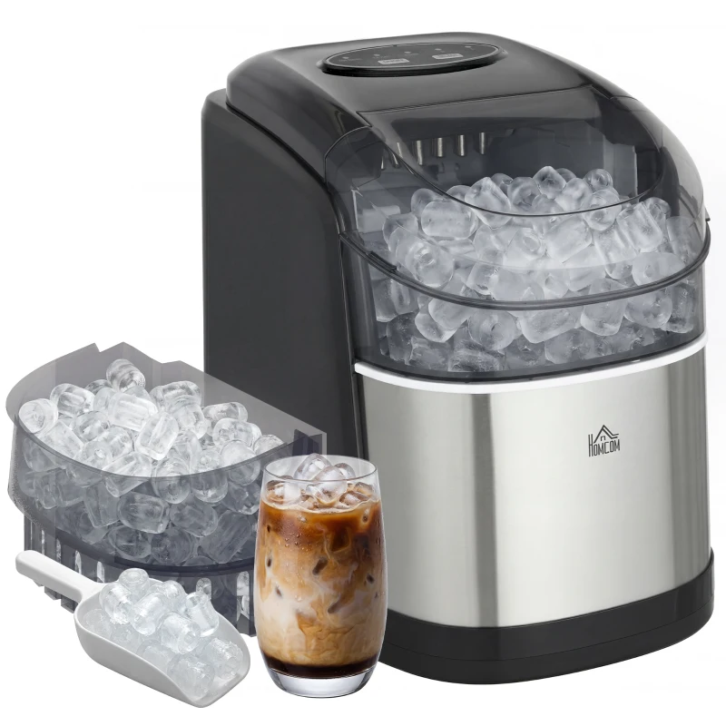 HOMCOM Macchina del Ghiaccio Autopulente da 9 Cubetti in 6-12 Minuti, in PP e Acciaio Inox, 24.2x35.3x33 cm, Nera