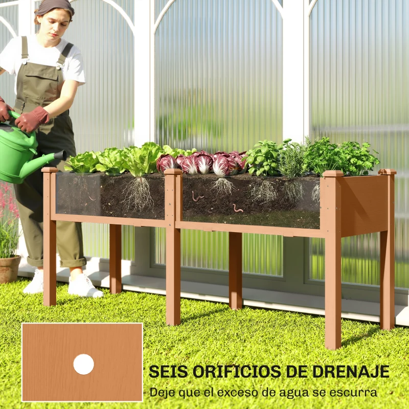 Outsunny Huerto Urbano Elevado de Madera 184x59x76,5 cm con 6 Orificios de Drenaje para Cultivos Plantas Flores Marrón