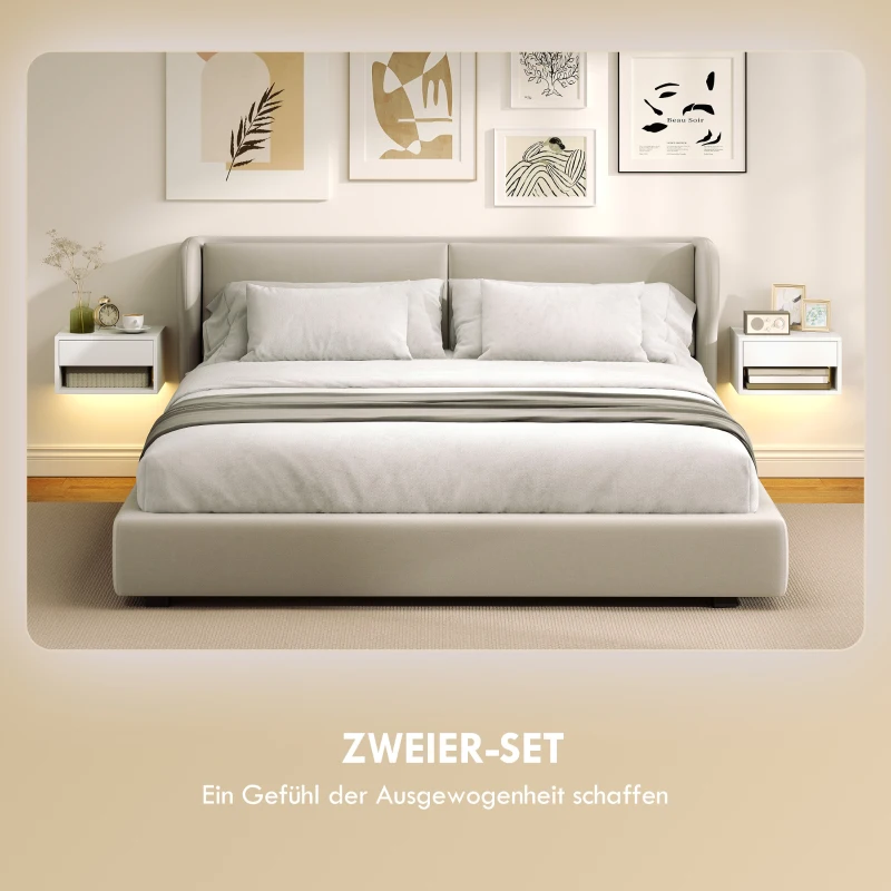 HOMCOM Nachttisch 2er-Set mit RGB-LED-Beleuchtung, schwebender Nachttisch mit Schublade und offenem Fach, Weiß