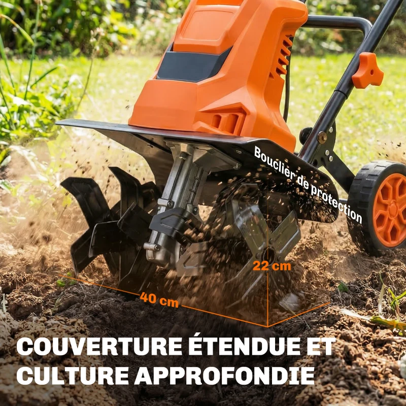 Outsunny Motobineuse Électrique Motoculteur 1500W 6 Lames 65Mn Largeur 40cm Profondeur 20cm Pliable et Étanche IPX4 Orange