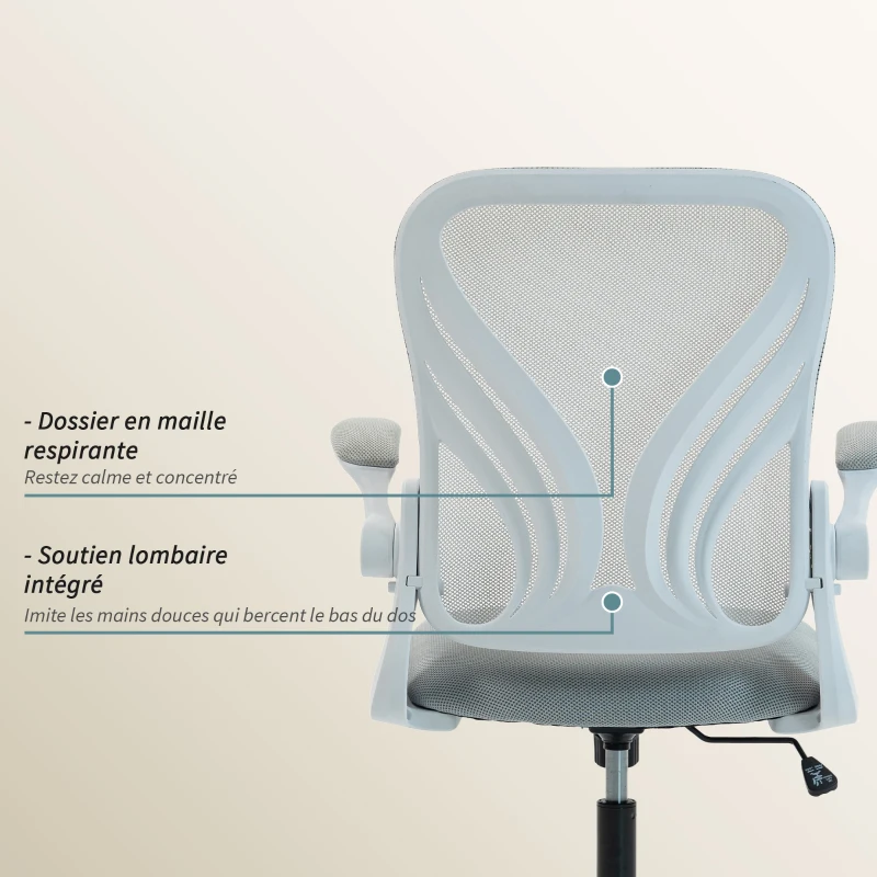 HOMCOM Chaise bureau ergonomique, fauteuil de bureau maille, dossier rabattable, accoudoirs relevables, 73x62x101-111cm, gris