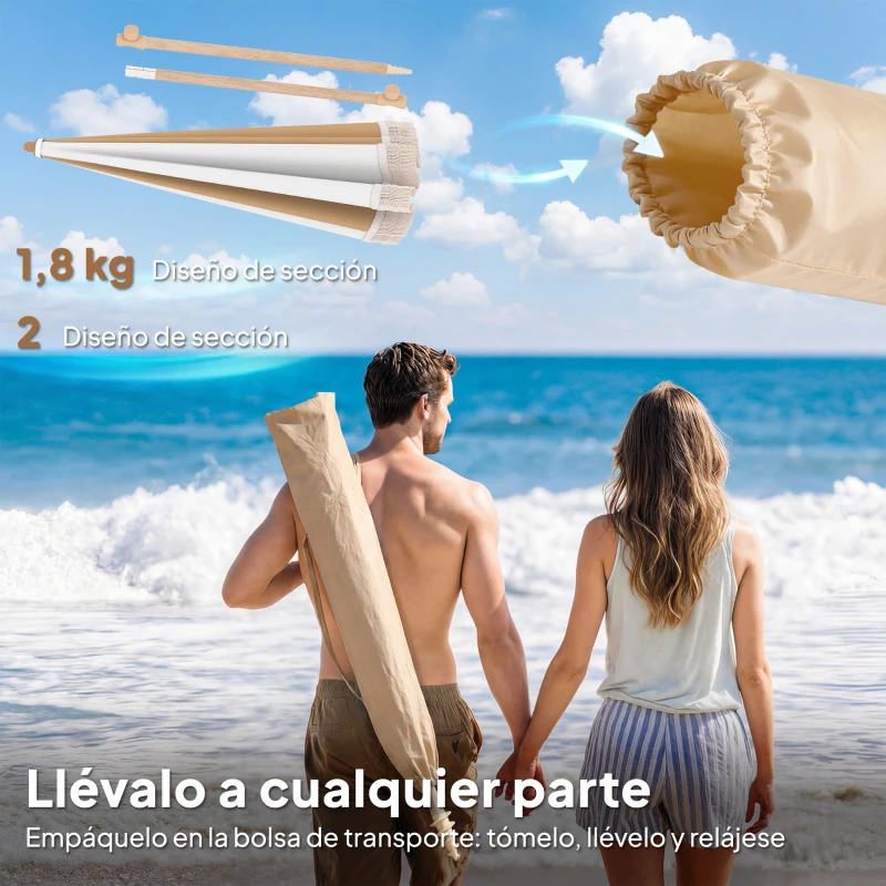 Outsunny Sombrilla de Playa con Flecos Ø175 cm Sombrilla de Terraza Exterior con Altura Ajustable Inclinación 30° Blanco y Beige