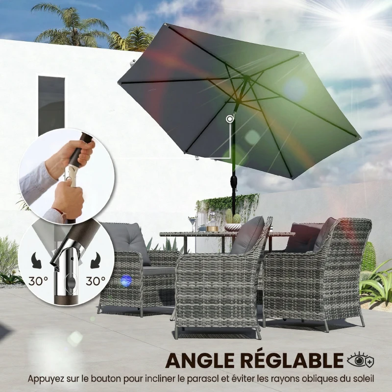 Outsunny Parasol de Jardin Extérieur Rond 2m, Inclinable à 30°, Manivelle, Mât en Aluminium, Toile 180 g/m², Anti-UV, Gris Foncé
