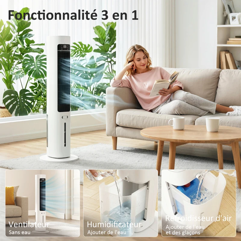 HOMCOM Refroidisseur d'air colonne 3 en 1 refroidisseur humidificateur ventilateur, oscillation 48°, 3 vitesses 3 modes, blanc