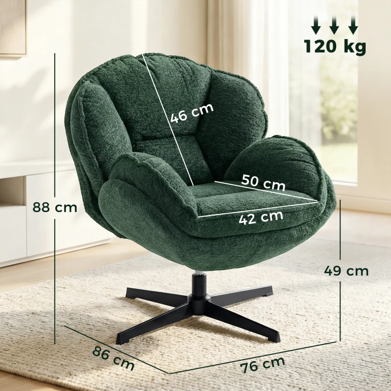 HOMCOM Modern Wingback Accent Chair, Velvet Armchair with Four-Star Base, S-Springs, Swivel, Dark Green