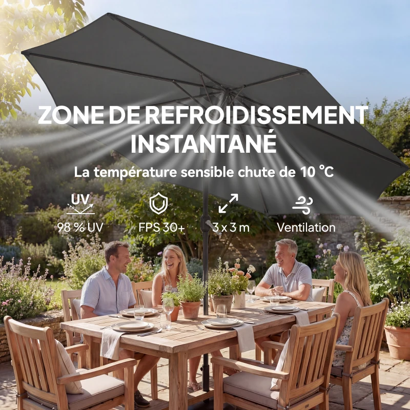 Outsunny Parasol de jardin extérieur rond Ø 3 x 2,5 m parasol droit inclinable Base et Poids Sable, nervure rétractable, Gris Foncé