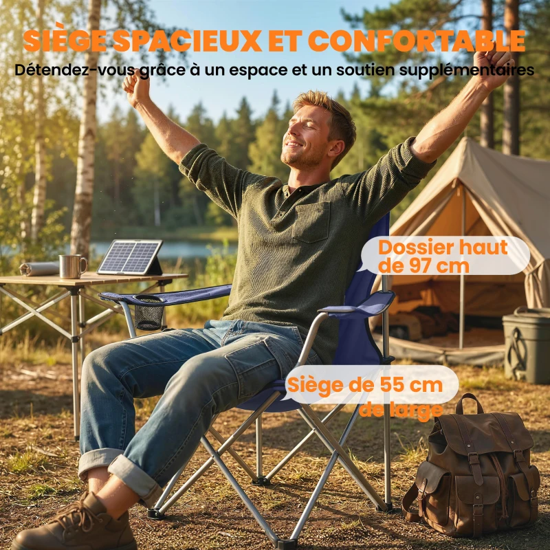 Outsunny Lot de 2 Chaises de Camping Pliantes avec Porte-Gobelet, Sac de Transport, Dossier Haut, 88x57x97cm, Bleu Foncé