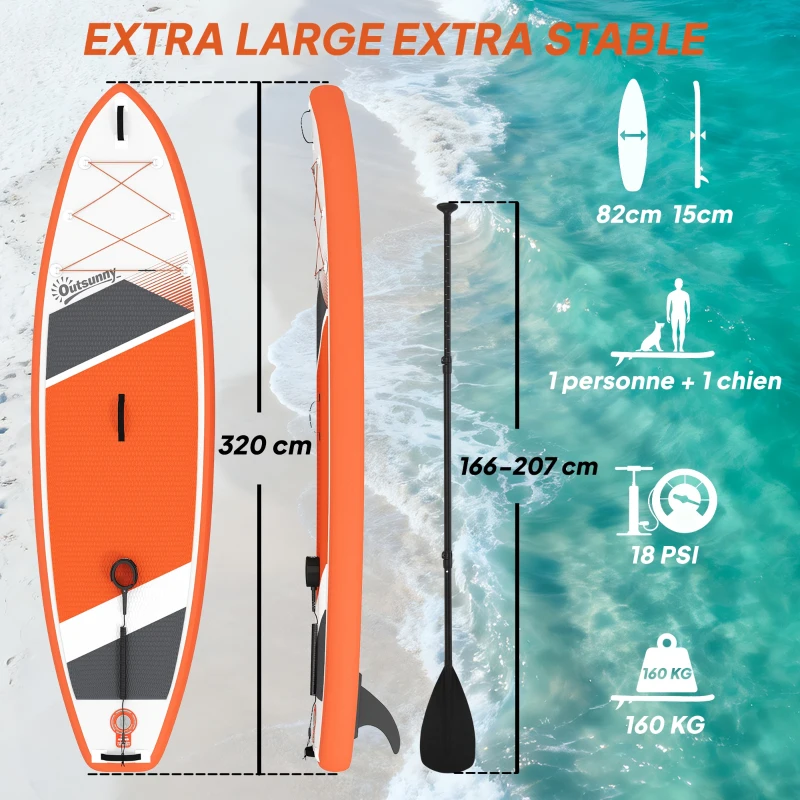 Outsunny Stand Up Paddle Gonflable Planche de SUP Pagaie Réglable Pompe et Sac 160kg pour Débutant et Famille 320x82cm Orange