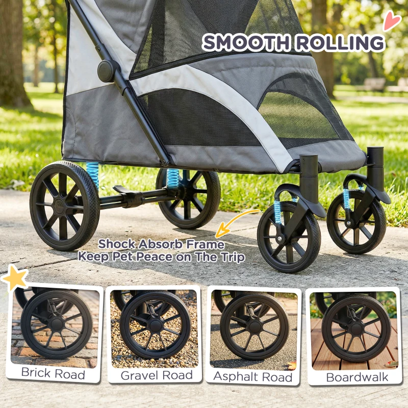 PawHut Foldable Pet Stroller for Large Dogs with 4 Big Wheels, Shock-Absorbing Frame, Safety Leashes, Brakes, Dark Grey