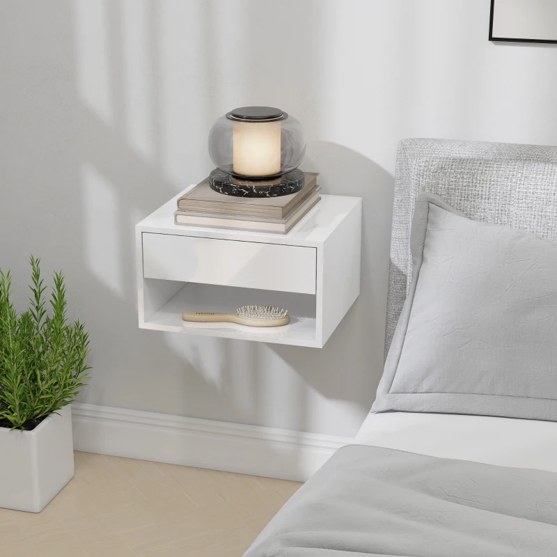 HOMCOM Lot de 2 tables de chevet murales, tables de nuit, tiroir, compartiment ouvert, plateau, 37 x 32 x 21 cm, blanc
