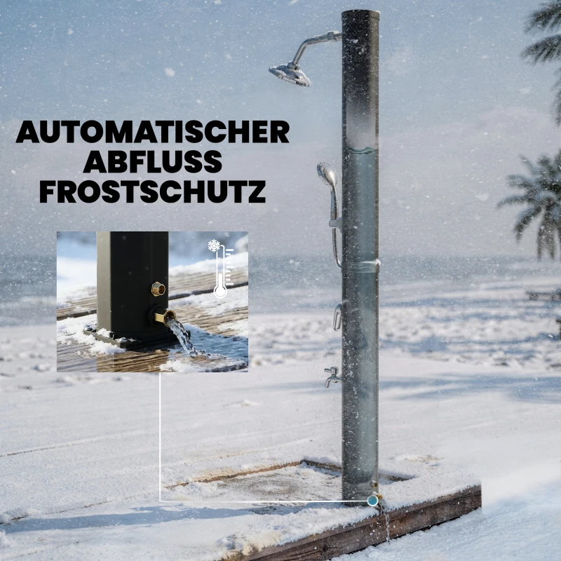 Outsunny Solardusche 35L Gartendusche mit Frostschutz schwenkbarem Regenduschkopf Wasserhahn, Gartenschlauch-Anschluss