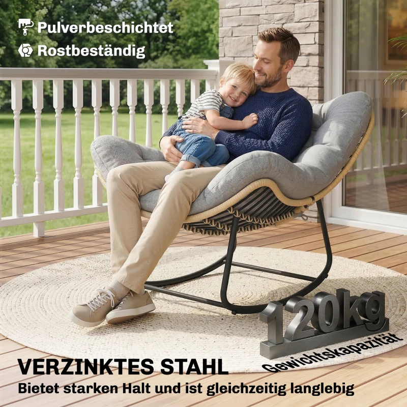 Outsunny Rattan Schaukelstuhl Gartenliege mit dicke Kissen, Gartenschaukel bis 120 kg Indoor Outdoor 87 x 110 x 70 cm Grau