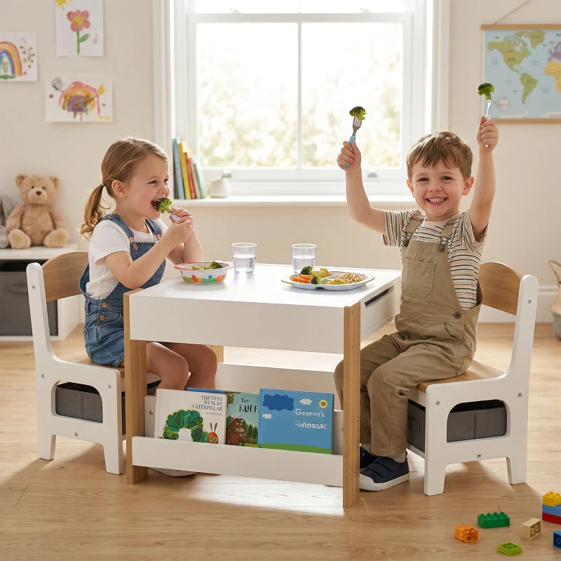 HOMCOM Three-Piece Kids Table and Chair Set with Blackboard, Storage, Bookshelves - Natural Wood
